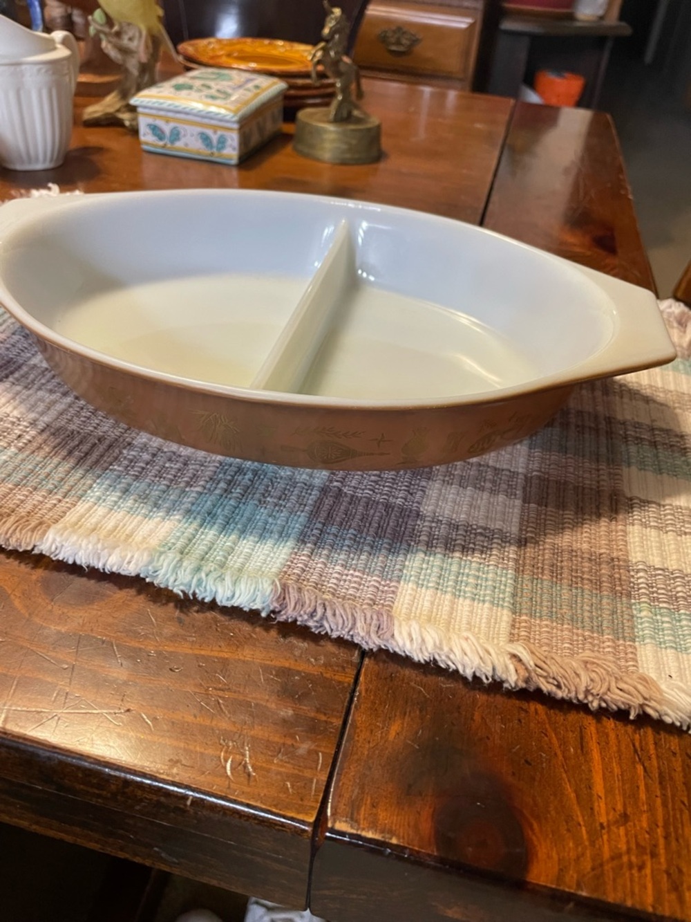 Pyrex Divided Oval Serving Casserole in Brown with Gold Pattern
